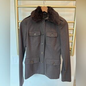 Theory Dark Brown Utility Jacket with removable Fur Collar, size 4